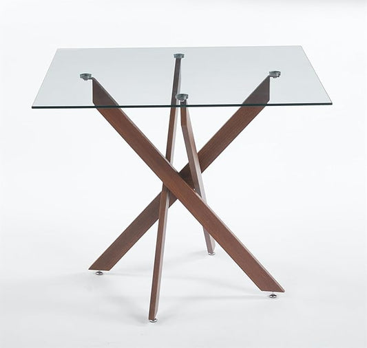 36'' Square Glass Dining Table for 2-4, X-Shape Walnut Metal Legs, Glass Tea Table Square Kitchen Table for Small Space