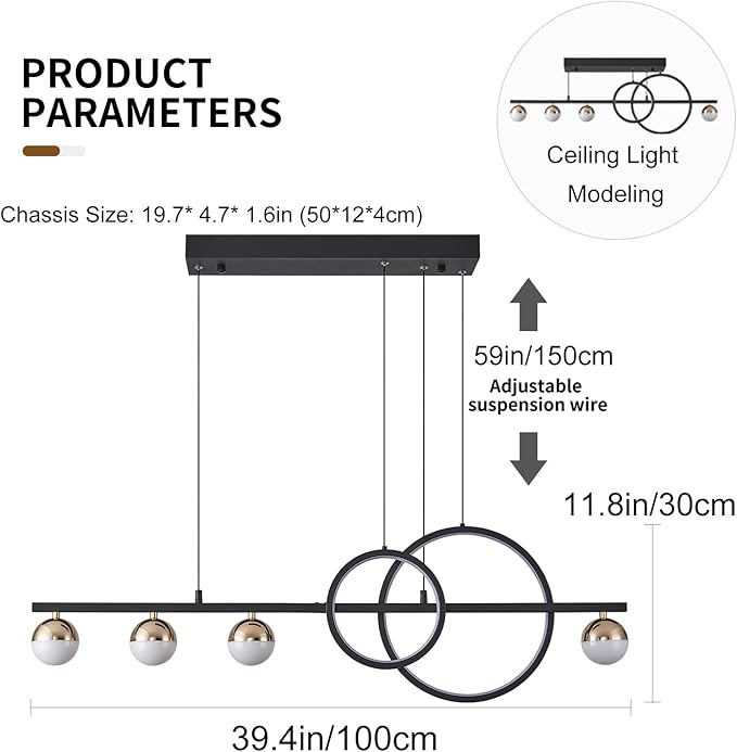 ORANOOR Modern Black Gold Chandeliers for Dining Room, Dimmable LED Chandelier Linear Pendant Light for Kitchen Island, 39in Globe Haning Pendant Chandelier Lighitng with Remote (2 Rings, 3000lm)