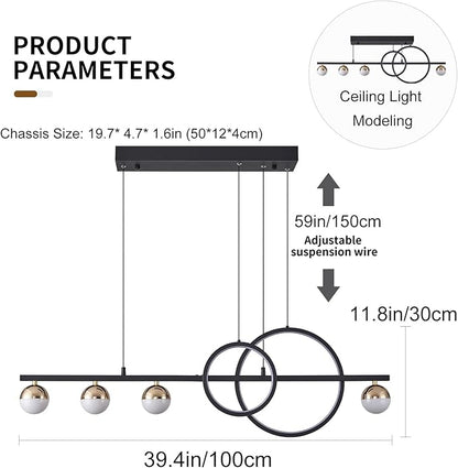 ORANOOR Modern Black Gold Chandeliers for Dining Room, Dimmable LED Chandelier Linear Pendant Light for Kitchen Island, 39in Globe Haning Pendant Chandelier Lighitng with Remote (2 Rings, 3000lm)