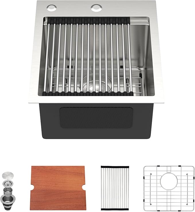 Dcolora Drop In Bar Sink 15x17x9 Inches, Workstation with Accessories, Brushed 304 Stainless Steel, Heavy Duty 16 Gauce, Small Single Bowl Perfect for Small Kitchen, Bar, Kitchen Island #DC-TW258004