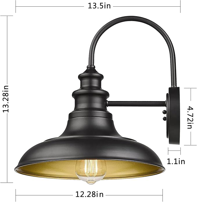 Outdoor Barn Light Fixture, 12.3 Inch Large Dome Farmhouse Wall Mount Light Wall Sconce Exterior Wall Lighting Fixture Industrial Black Finish Lantern with Gold Interior for Porch Garage Patio