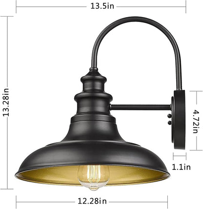Outdoor Barn Light Fixture, 12.3 Inch Large Dome Farmhouse Wall Mount Light Wall Sconce Exterior Wall Lighting Fixture Industrial Black Finish Lantern with Gold Interior for Porch Garage Patio