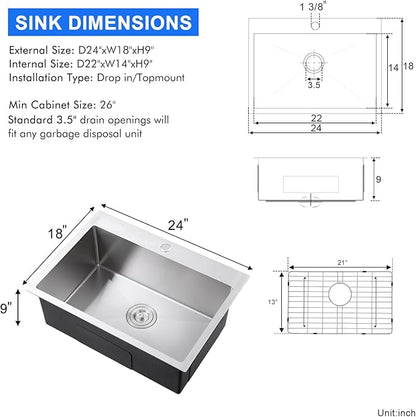 MENATT 24x18 Inch Drop in Kitchen Sink, 304 Stainless Steel Single Bowl with Bottom Grid Mat & X-Shape Drain, 9" Deep Compact Sink for Small Kitchen, Apartment, Wet Bar, Office Pantry, Laundry Room