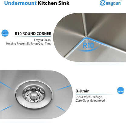 36 Inch Undermount Kitchen Sink 16 Gague Stainless Steel Single Bowl Handmade Sinks Round Corners Large Deep Under Counter Basin, 36"x19"x9"