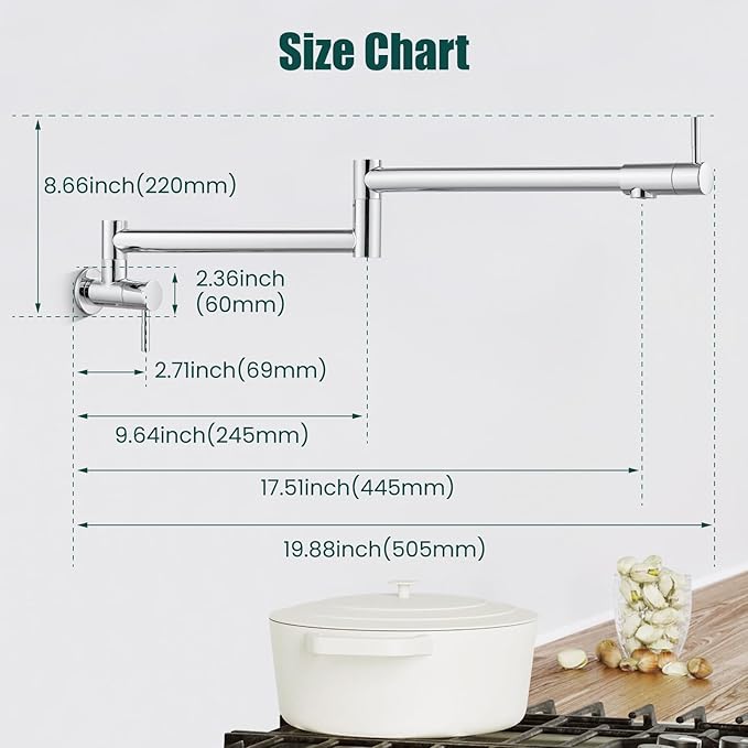 Heyalan Pot Filler 19 Inch Wall Mount Folding Stretchable Kitchen Restaurant Faucet Stainless Steel Pot Filler Double Joint Swing Arm Two Handles Commercial NPT,Straight Handle,Polish Chrome
