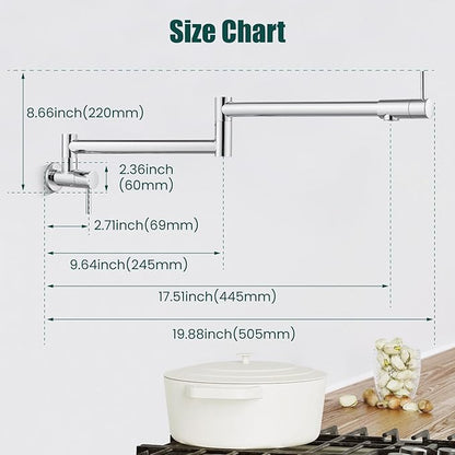 Heyalan Pot Filler 19 Inch Wall Mount Folding Stretchable Kitchen Restaurant Faucet Stainless Steel Pot Filler Double Joint Swing Arm Two Handles Commercial NPT,Straight Handle,Polish Chrome