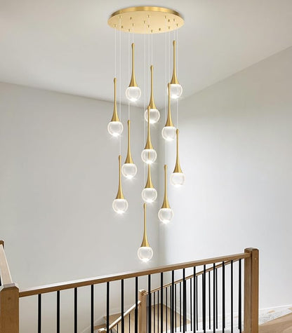 12 Light High Ceiling Crystal Chandelier Dimmable LED Pendant Lights with Remote Adjustable Chandeliers for Foyer Staircase Living Room Gold