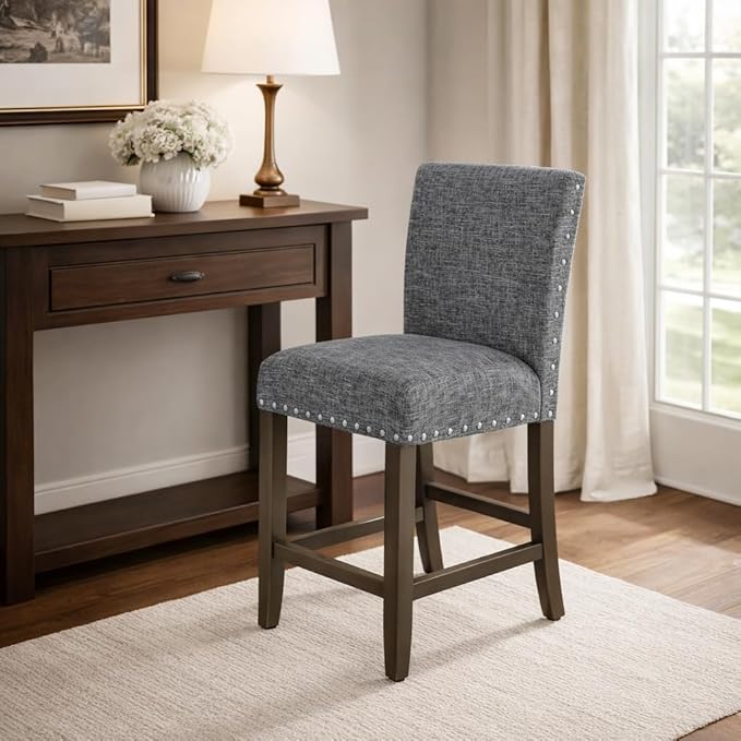 Homepop Home Decor | Nailhead Trim Counter Height Bar Stools | 24 Inch Bar Stools | Decorative Home Furniture (Slate Gray)