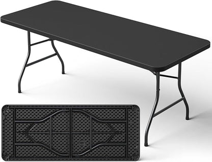 6ft Folding Table, Heavy Duty Plastic Card Table with Foldable Steel Legs, Metal Frame Support up to 600 lb, Portable for Indoor, Outdoor, Picnic, Camping, Dining, Party, Black