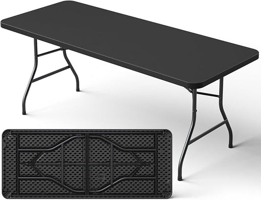 6ft Folding Table, Heavy Duty Plastic Card Table with Foldable Steel Legs, Metal Frame Support up to 600 lb, Portable for Indoor, Outdoor, Picnic, Camping, Dining, Party, Black