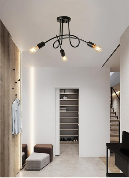 Modern Farmhouse Chandelier,22 Inch 3 Light Sputnik Semi Flush Mount Ceiling Light, Metal Black Rustic Light Fixture for Dining Room Bedroom Kitchen Hallway Entryway
