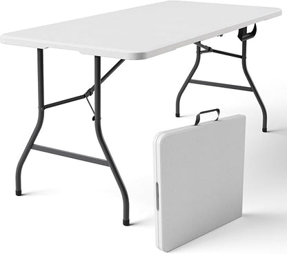 Folding Table 5ft - Heavy Duty Fold-in-Half Plastic Table with Adjustable Height, Portable Utility Tables with Steel Legs for Indoor, Outdoor, Picnic, Camping, Dining, Party (White)