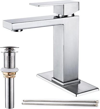 AVSIILE Brushed Nickel Bathroom Faucet, Single Hole Vanity Bath Faucet, Single Handle Modern Stainless Steel Bathroom Faucets for Sink 1 Hole with Pop Up Drain Stopper & Water Supply Hoses