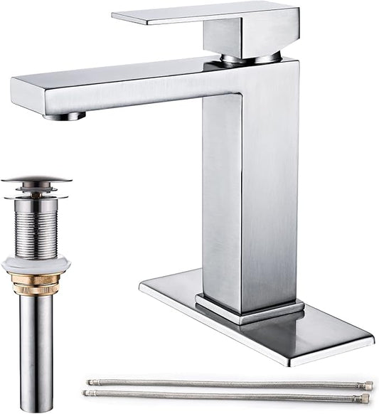 AVSIILE Brushed Nickel Bathroom Faucet, Single Hole Vanity Bath Faucet, Single Handle Modern Stainless Steel Bathroom Faucets for Sink 1 Hole with Pop Up Drain Stopper & Water Supply Hoses