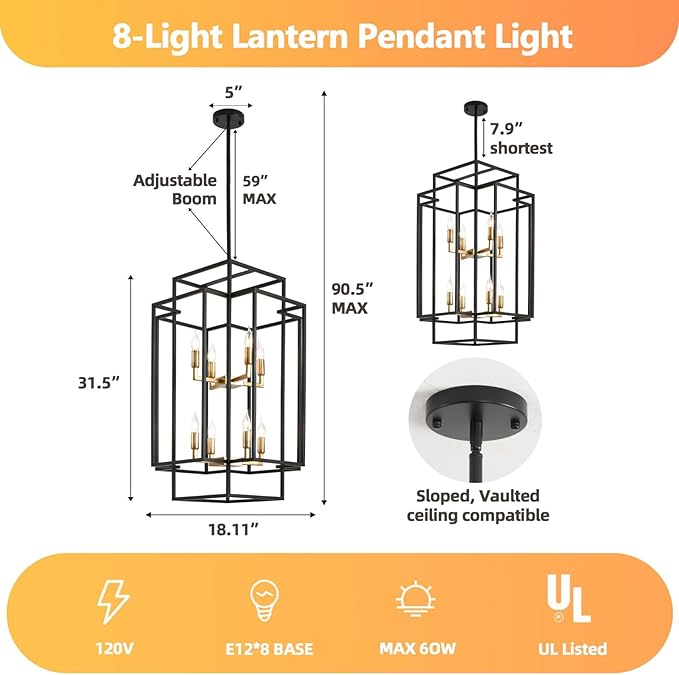 8-Lights Tiered Lantern Pendant Light, Black and Gold Farmhouse Chandelier, Industrial Large Chandeliers for High Ceiling, Modern Foyer Lighting Fixture, for Living Room Entryway Staircase
