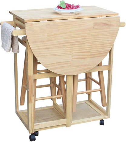 Foldable Dining Table Set, Kitchen Island Trolley Cart with 2 Stools and 2 Drawers Solid Wood Drop Leaf Table Breakfast Cart Bar Dining Room Serving Cart (Semicircle Dining Cart Burlywood 2)