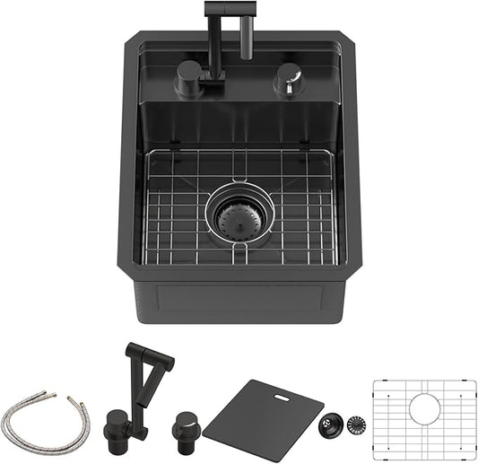 Sarlai Undermount Bar Sink, 15x18 Inch Undermount Outdoor Sink Workstation with Foldable Faucet Bar Prep Single Bowl Gunmetal Black 16 Gauge Stainless Steel Sinks with Cover BBQ Sinks Outside