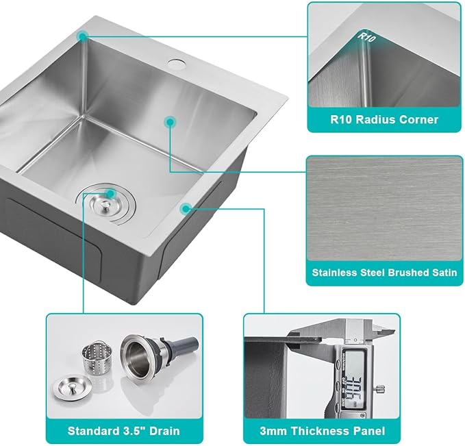 15 x 17 Inch Drop in Kitchen Sink with 1 Faucet Hole, Stainless Steel Topmount Bar Sink Single Bowl Handmade Kitchen Sink, Brushed