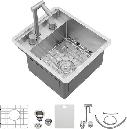 15 x 17 Inch Outdoor Sink Undermount RV Sink Workstation 16 Gauge Stainless Steel Single Bowl Handmade Outdoor Kitchen Sinks With Folding Faucet 15"x17"x9"