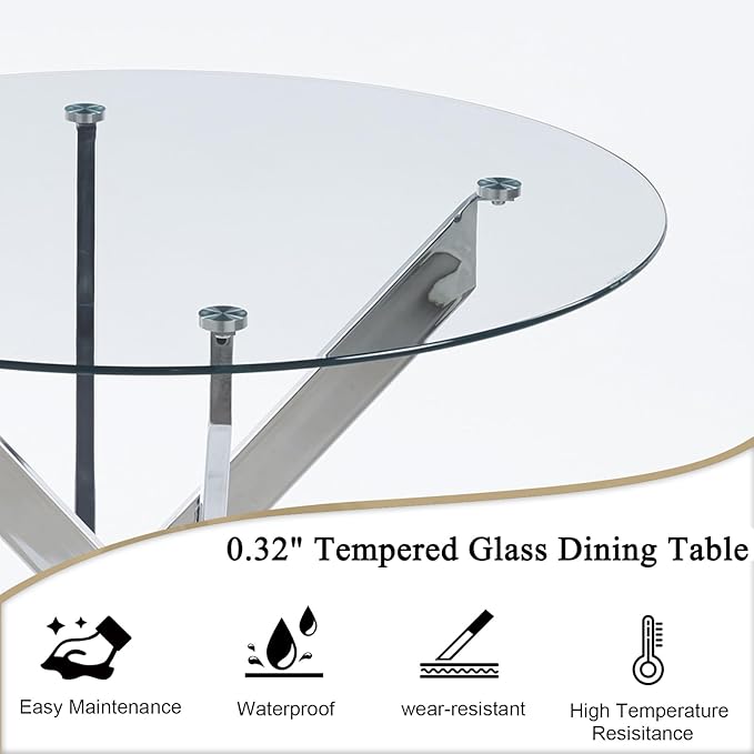 Round Dining Table, 36 Inch Glass Kitchen Table for 4 People, Tempered Glass Dinner Room Table with Black X Metal Legs, Modern Circle Small Coffee Table for Home Dining Room Kitchen Restaurant