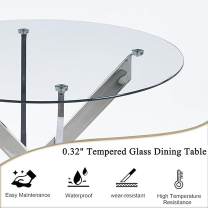 Round Dining Table, 36 Inch Glass Kitchen Table for 4 People, Tempered Glass Dinner Room Table with Black X Metal Legs, Modern Circle Small Coffee Table for Home Dining Room Kitchen Restaurant