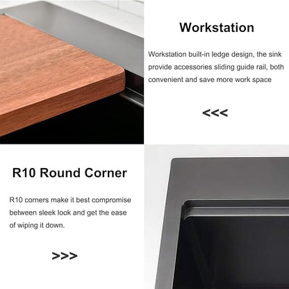 IKEBANA 21x20 inch Black Kitchen Sink, 21 inch Drop in Bar Sink, Stainless Steel 16 Gauge Small Topmount Workstation Sinks, Single Bowl Kitchen Sinks for Prep Rv Laundry Wet Bar With Accessories
