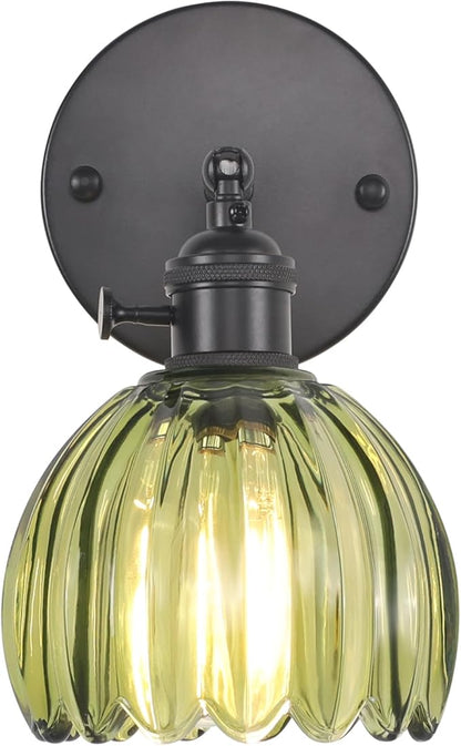 Shenmoyl Vintage Wall Sconce with Green Tulip Glass Lampshade 180 Degree Adjustable Black Sconce Hradwired Modern Wall Lighting Fixture with Switch for Bedside Bedroom Doorway