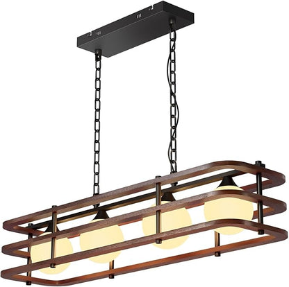 35.4" Farmhouse Dining Room Light Fixture, 4-Light Kitchen Island Lighting, Rustic Rectangular Chandeliers for Kitchen Island, Wood Linear Pendant Light Over Table