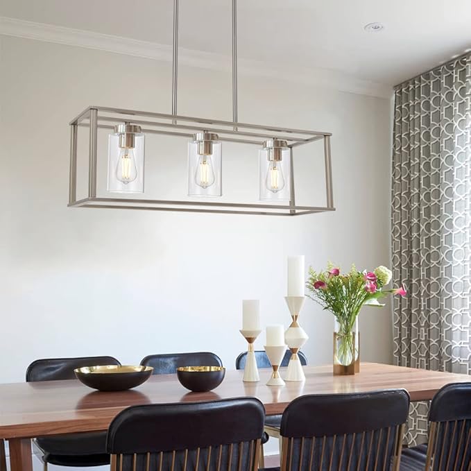 VINLUZ 3 Light Linear Chandeliers Brushed Nickel with Clear Glass Shade Modern Kitchen Island Pendant Dining Room Light Fixture Hanging Farmhouse Ceiling Light for Living Room Bar