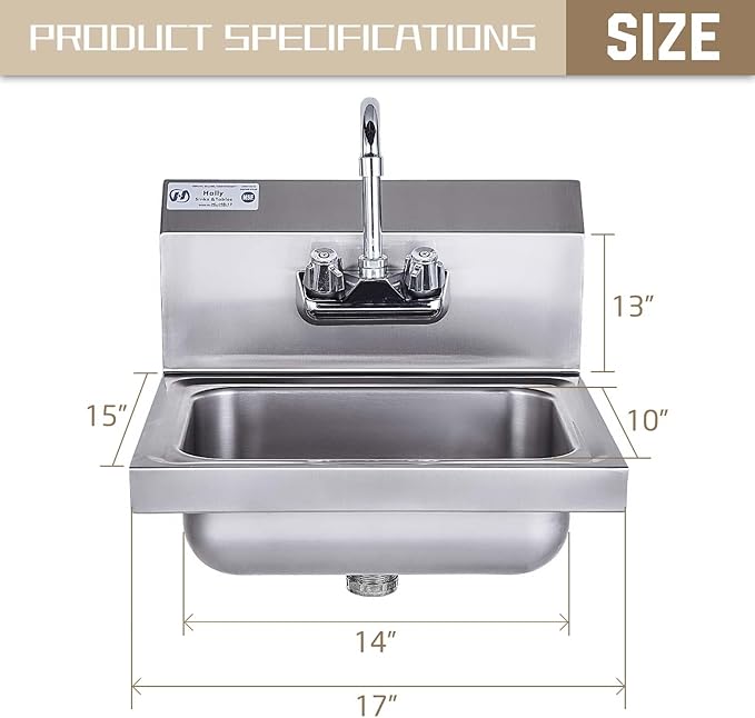 HALLY Stainless Steel Sink for Washing with Faucet, NSF Commercial Wall Mount Hand Basin for Restaurant, Kitchen and Home, 17 x 15 Inches