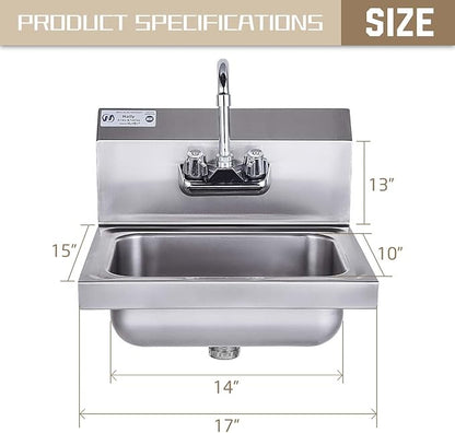 HALLY Stainless Steel Sink for Washing with Faucet, NSF Commercial Wall Mount Hand Basin for Restaurant, Kitchen and Home, 17 x 15 Inches