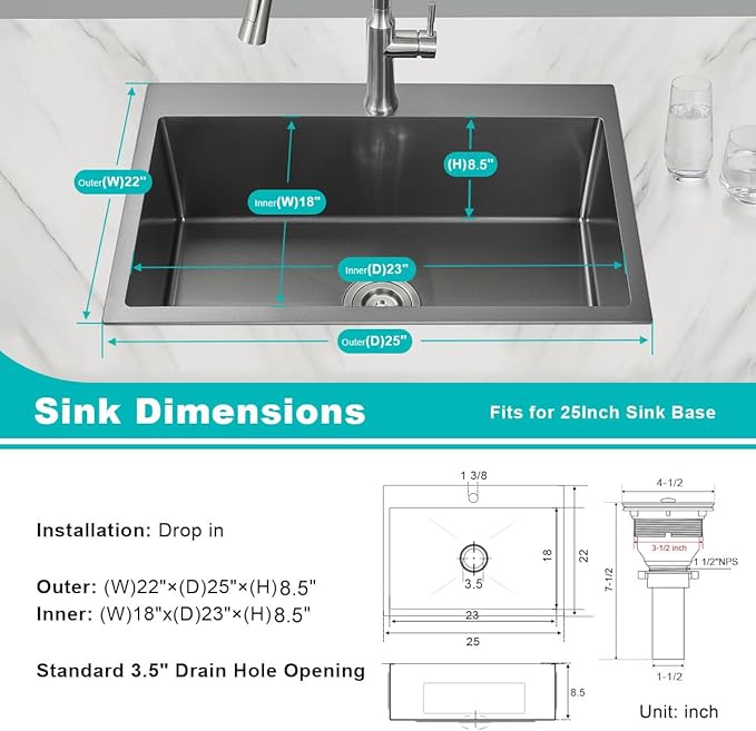25-Inch Drop-In Kitchen Sink - TSIBOMU 25x22 Inch Kitchen Sinks Topmount Single Bowl Single Hole 8.5 inch Deep Bowl 18 Gauge Stainless Steel Black