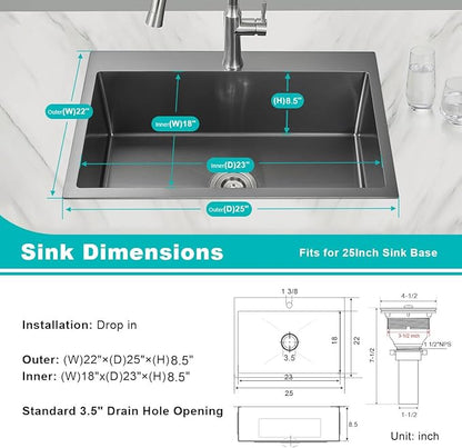 25-Inch Drop-In Kitchen Sink - TSIBOMU 25x22 Inch Kitchen Sinks Topmount Single Bowl Single Hole 8.5 inch Deep Bowl 18 Gauge Stainless Steel Black