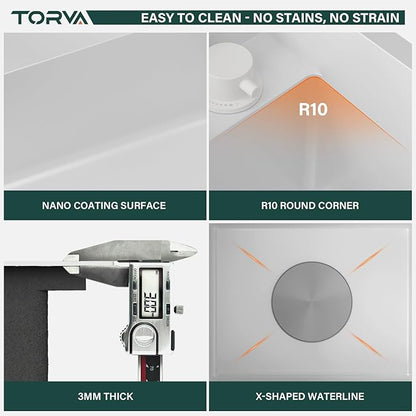 TORVA RV Kitchen Sink, 15 x 18 x 7 Inch Undermount Bar Sink 16 Gauge Stainless Steel Single Bowl Sink with Foldable Faucet Cutting Board, White