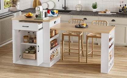Kitchen Island Console with Storage, White and Natural Wood Top, Extendable Dining Table with Drawers and Shelves, 80.7 x 33.4 x 35.3 Inches (White)
