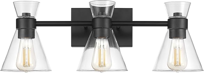 Globe Electric 63000055 3-Light Vanity Light, Matte Black, Clear Glass Shades, Bathroom Lights Over Mirror, Lights for Bathroom, Powder Room Lighting, Makeup Mirror Lights, Home Décor, Bathroom Décor