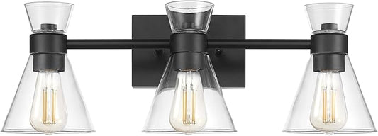 Globe Electric 63000055 3-Light Vanity Light, Matte Black, Clear Glass Shades, Bathroom Lights Over Mirror, Lights for Bathroom, Powder Room Lighting, Makeup Mirror Lights, Home Décor, Bathroom Décor