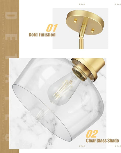 Emak Modern Gold Pendant Lights Kitchen Island, 10 Inch Large Pendant Light Fixtures with Clear Glass Shade for Kitchen, Dining Room, Entrance, PL126-GD-CG