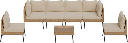 Aoxun Patio Furniture Set, 7 Piece Outdoor Sectional Sofas with Thick Cushion, Wicker Outdoor Patio Furniture Set with Coffee Table for Party, Garden, Backyard, Beige