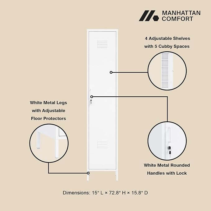 Manhattan Comfort Naomi 72.8'' Tall Storage Cabinet, Single Metal Locker with Lock, Adjustable Shelves, Vented Door & Floor Protectors, Modern Garage & Office Organizer, White