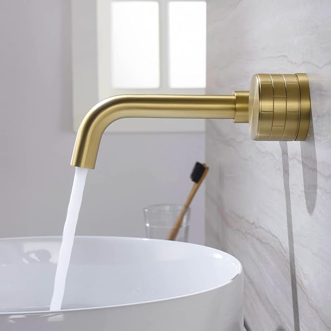 TRUSTMI Brass Bathroom Faucet Brick-Pattern Single Handle Wall Mount Vessel Sink Faucet (Rough-in Valve Included), Brushed Gold
