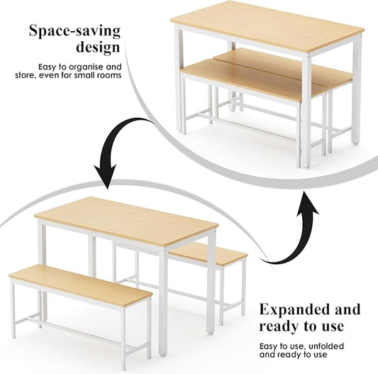 Dining Table Set for 4, Small Kitchen Set with 2 Benches, Kitchen Table with Metal Frame and Adjustable Feet, 3-Piece Dining Room Set for Breakfast Nook and Small Space, White