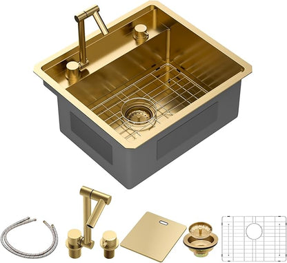Sarlai Outdoor Sink, 21x19 Inch Gold Undermount Kitchen Sink Workstation with Foldable Faucet Bar Prep Single Bowl Gold Kitchen Sinks16 Gauge Stainless Steel BBQ Sinks with Cover 21"x19"x9“