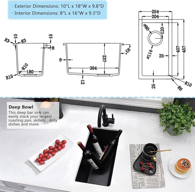 Black Bar Sink Undermount-VASOYO 10x18 Small Kitchen Sink Undermount Outdoor Rv Sinks Black Quartz Composite Deep Single Bowl Small Wet Bar Sinks with Bottom Grid