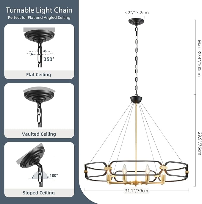 XINGQI 31" Large 8-Light Black and Gold Industrial Chandeliers for Dining Room Round Farmhouse Kitchen Pendant Light Fixture for Entryway Living Room Bedroom Foyer