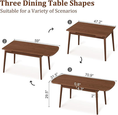 Solid Wood Extendable Dining Table for 4-8, 47.2” to 70.8” Expandable Table, Easy Assembly Extendable Dining Room Table, 3-in-1 Design, Ideal for Dining Room, Kitchen, Living Room (Walnut)