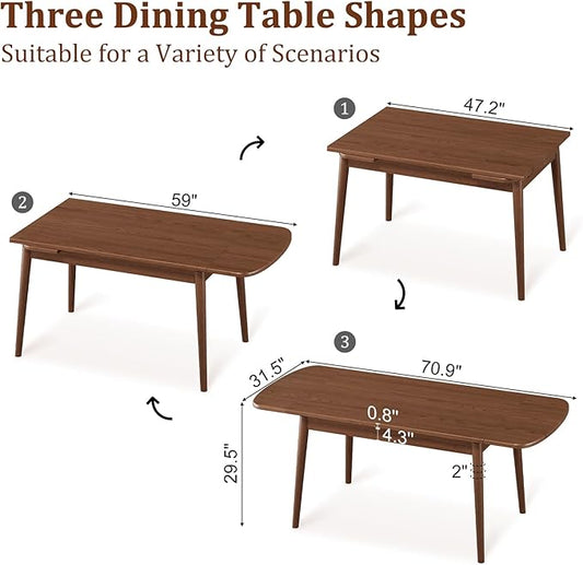 Solid Wood Extendable Dining Table for 4-8, 47.2” to 70.8” Expandable Table, Easy Assembly Extendable Dining Room Table, 3-in-1 Design, Ideal for Dining Room, Kitchen, Living Room (Walnut)