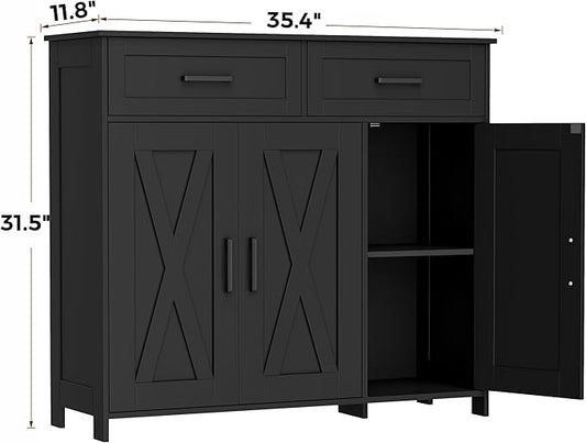 Homhedy Sideboard Buffet Cabinet, Coffee Bar Storage Cabinet with Drawers and Doors, Farmhouse Kitchen Cabinet with Adjustable Shelves, for Kitchen, Dining Room, Living Room, Black