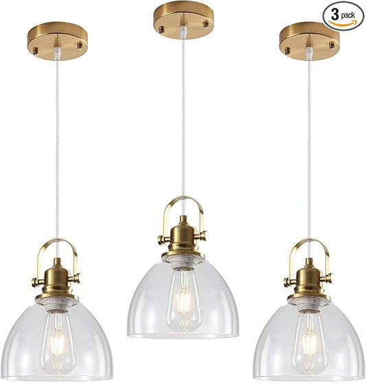 Glass Pendant Lights Kitchen Island 3 Packs, Gold Kitchen Pendant Lighting Over Island, 7.5 inch Modern Kitchen Island Pendant Lights, Farmhouse Pendant Light for Kitchen, Bedroom, Bathroom