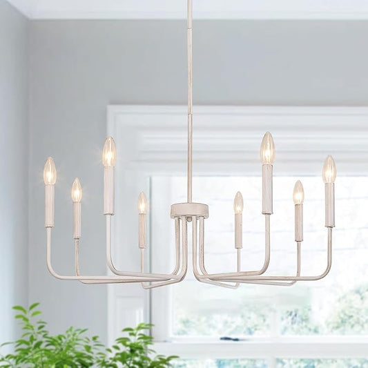French Country Chandelier, 8-Light Farmhouse Chandelier for Dining Room, Antique White Chandelier Light Fixtures, Candle Hanging Pendant Lights for Kitchen Living Room Bedroom Foyer